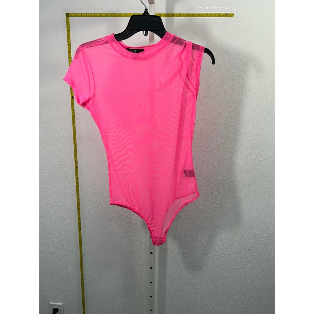 Love Neon Pink Sheer Mesh Bodysuit Short Sleeve Crew Neck Medium Festival‎ Rave